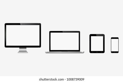 Smart digital device set. Computer monitor, laptop, tablet, mobile phone.