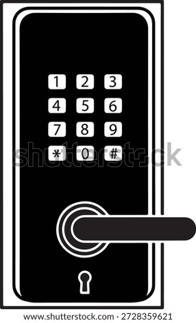 Smart digital door lock illustration with numerical keypad for code entry, lever handle for opening, and traditional keyhole backup entry point shown in black fill.
