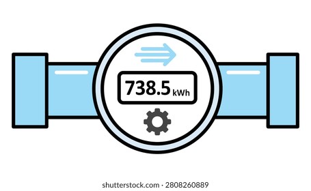 Smart digital electricity meter showing power consumption in kilowatt hours on pipe with blue flow arrow.