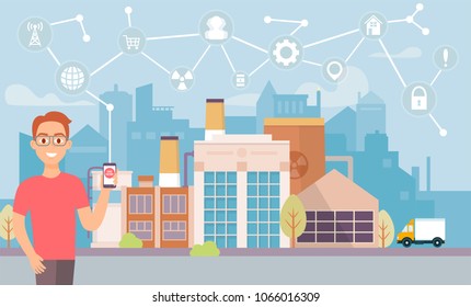 Smart digital factory concept. Sensor neural network. Engineer s