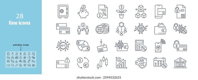 Smart digital finance line icons set. Simple outline signs for financial institutions, banks, fintech companies, marketing, web, and mobile apps. Editable Stroke. Vector illustration.