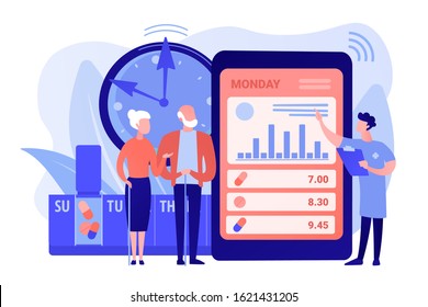 Smart, digital perscribed pill, remedy boxes. app controlled medication, medication minding device, set medication schedule concept. Pinkish coral bluevector isolated illustration