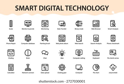 Iconos de tecnología digital inteligente para análisis, seguridad en la nube, transferencia de datos, monitoreo, herramientas de búsqueda, sistemas informáticos y efectos visuales de flujo de trabajo modernos
