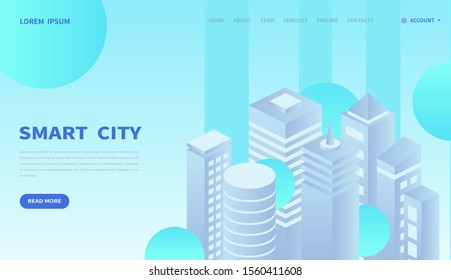 Smart Digital Virtual City and Intelligent buildings concept. Business center. Technology. Flat design. Landing page template. Can use for web and banner. 3d vector isometric illustration.