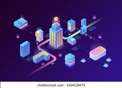 Smart Digital Virtual City And Stream Data Center Blockchain Technology Isometric Vector Illustration Concept.