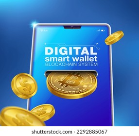 Smart digital wallet on mobile smartphones Mobile application design concept and online wallet running system on blockchain Latest safe technology on blue background.