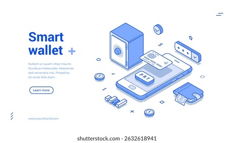 Ilustración vectorial isométrica de Anuncio de Web de aplicación de smartphone financiero de banca digital inteligente. App de Internet de pago de compras de gestión de dinero de saldo de presupuesto de teléfono móvil