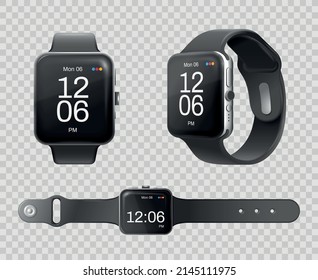 Smart digital watch realistic set of wrist gadgets with strap on transparent background isolated vector illustration