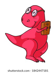 Smart dinosaur. Clever dinosaur in eyeglasses holding book in paw standing isolated on white background. Smart cute cartoon dino character vector illustration