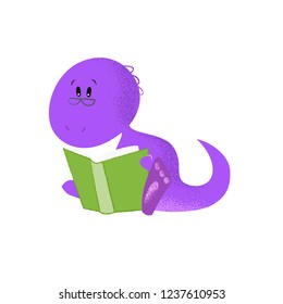 Smart dinosaur in glasses reading book. Education, novel, intelligence. Can be used for topics like school, literature, story time