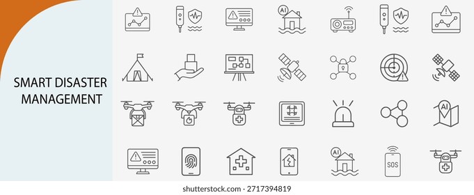 smart disaster management and emergency response line icon set, AI weather monitoring and rescue drone technology symbols, flat vector illustration