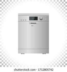 Smart dishwashing machine isolated on transparent background. Smart home appliance concept. Front view. Digital display. Silver color. Element for interior designs. Vector illustration.