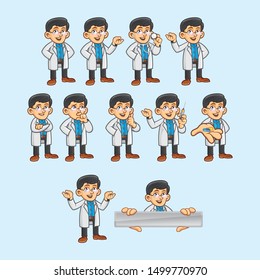 Smart doctor character. Human mascot illustration in 11 different poses