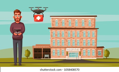 Smart doctor with drone. Modern hospital. Cartoon vector illustration