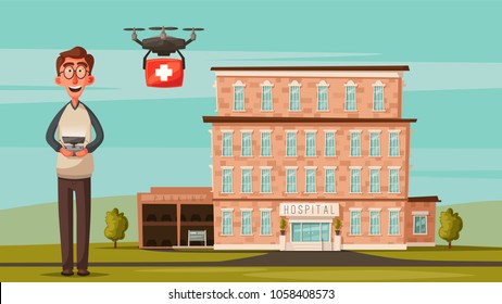 Un buen doctor con drones. Hospital moderno. Ilustración vectorial de dibujos animados