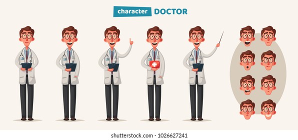 Smart doctor. Funny character design. Cartoon vector illustration