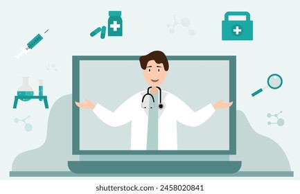 Smart Doctor giving consultation and advice online through video call and Medical Application. online doctor service. flat vector of Healthcare service.