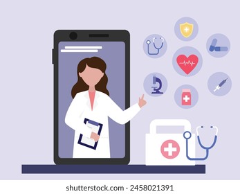 Smart Doctor giving consultation and advice online through video call and Medical Application. online doctor service. flat vector of Healthcare service.