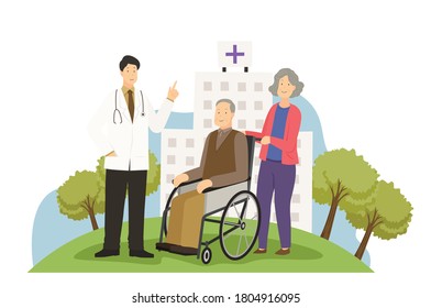 smart doctor with old man and old woman together in front of hospital building cartoon character design
