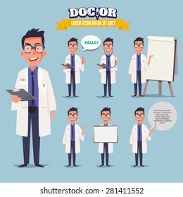 Smart doctor presenting in various action. character design. doctor and healthcare concept - vector illustration