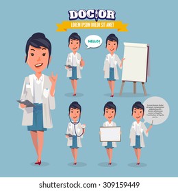 Smart doctor presenting in various action. character design. doctor and healthcare concept - vector illustration