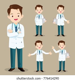 Smart doctor presenting in various action. character design. set of doctor character at hospital. health care. 