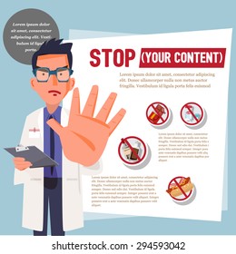 Smart Doctor Showing Stop Hand To Warn. Infographic. Icon. Character Design - Vector Illustration