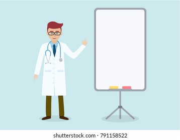 Smart doctor with stethoscope smiling and raising up with display presentation board, flat style vector illustration