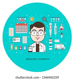 Smart doctors and Medical concept with infographic elements, medical research program. flat design and blue background