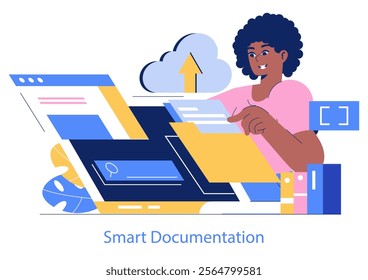 Smart Documentation concept. Woman uploading files to cloud storage from her laptop, depicting digital organization. Paperless office technology, online data management. Vector illustration.