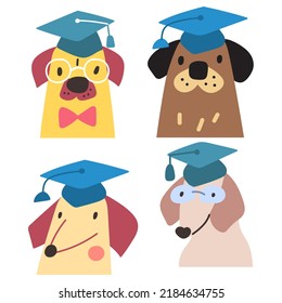 Smart dogs. Collection of dogs wearing glasses and graduation hats. Vector hand drawn illustrations on white background.