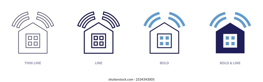 Icono de domótica inteligente en 4 estilos diferentes. Línea delgada, línea, negrita y línea negrita. Estilo duotono. Trazo editable.