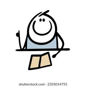 Smart doodle stickman sitting at the table and reeding book.  Vector illustration of student doing homework or lesson at school. Funny person isolated on white background.