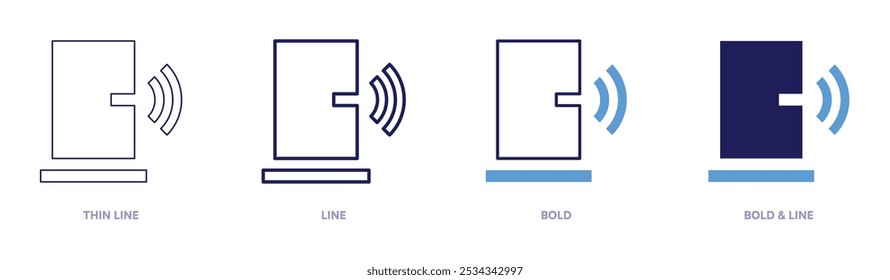 Icono de puerta inteligente en 4 estilos diferentes. Línea delgada, línea, negrita y línea negrita. Estilo duotono. Trazo editable.