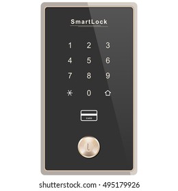 Smart door lock concept. Modern sensor lock vector illustration on white background. High tech door lock with sensor buttons, card key function and keyhole.