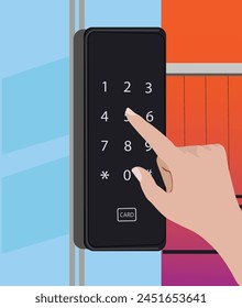 Smart door lock illustration concept with finger push the button of number. Safety home concept