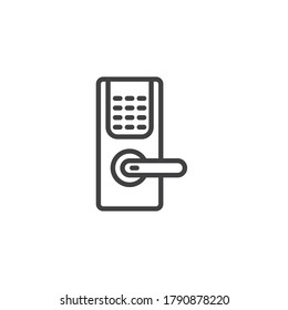 Smart door lock with keypad line icon. linear style sign for mobile concept and web design. Digital door handle lock outline vector icon. Symbol, logo illustration. Vector graphics