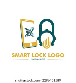 Una cerradura de puerta inteligente con logotipo de código móvil y QR en vector