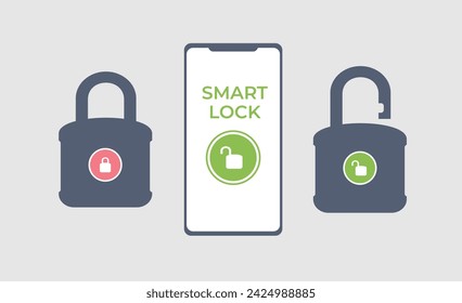 Smart door lock used phone app. Smart padlock. Lock locked and unlocked using a phone app. Close and open padlock vector  illustration. Locked and unlocked lock on background. Vector flat illustration