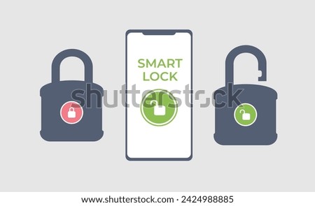 Smart door lock used phone app. Smart padlock. Lock locked and unlocked using a phone app. Close and open padlock vector  illustration. Locked and unlocked lock on background. Vector flat illustration