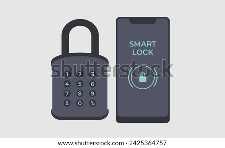 Smart door lock used phone app. Smart padlock. Lock locked and unlocked using a phone app. Close and open padlock vector  illustration. Locked and unlocked lock on background. Vector flat illustration