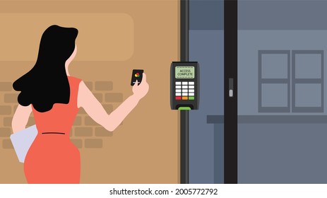 Smart Door For Safety With Technology Application Card. Female Worker Using Magnetic Card To Enter Office. Digital Lock And Sensor Access Electric Control