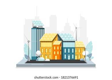Smart downtown tower buildings with green energy roofs sustainable gardens on smartphone screen