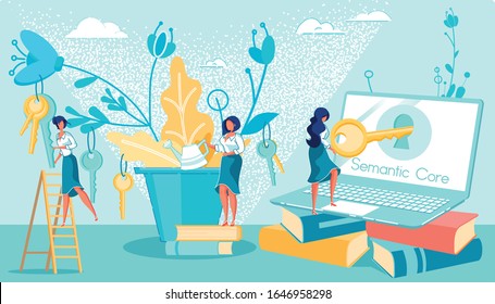 Smart Dressed Lady Watering Plant with Keys on Its Sprouts. Her Colleague on Step Ladder Harvesting Crops. Woman Trying to Open Locked Area on Laptop Screen. Determining Semantic Core for Website.