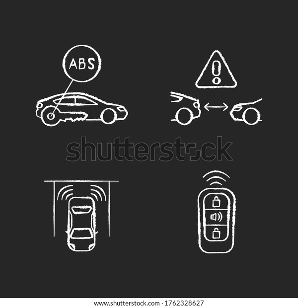 Smart driving safety systems chalk white\
icons set on black background. Driver assistance. Anti lock system,\
cruise control, parking sensor, keyless entry. Isolated vector\
chalkboard illustrations