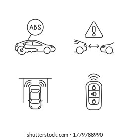 Sistemas inteligentes de seguridad para conducción de píxeles ajuste de iconos lineales perfectos. Símbolos de contorno de línea delgada personalizables. Antibloqueo, sensores de coche, entrada sin llave. Ilustraciones aisladas del contorno vectorial. Trazo editable