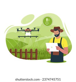 Ilustración inteligente de la granja de drones. Concepto de tecnología agrícola inteligente. Concepto plano de ilustración de vector