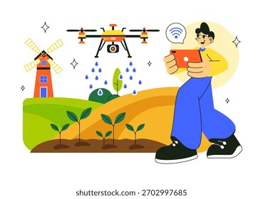 Ilustración vectorial de Tecnología de agricultura inteligente de drones con un agricultor que administra su granja de Industrial usando una tableta en un fondo plano