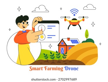 Ilustración vectorial de Tecnología de agricultura inteligente de drones con un agricultor que administra su granja de Industrial usando una tableta en un fondo plano