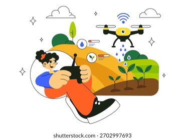 Smart Drone Farming Technology Vector Illustration Featuring a Farmer Managing His Industrial Farm Using a Tablet in a Flat Background